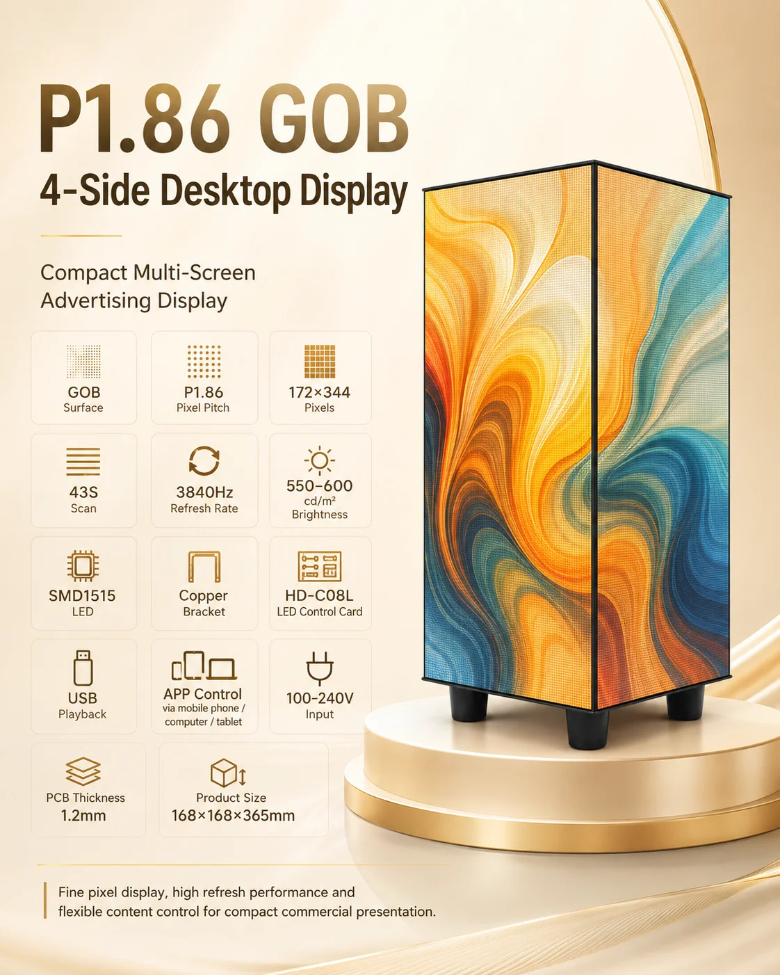Indoor P1.86 LED Cube Display Four Sides GOB Mini Magic Screen Digital Signage for Retail Advertising Desktop Multi-Viewing