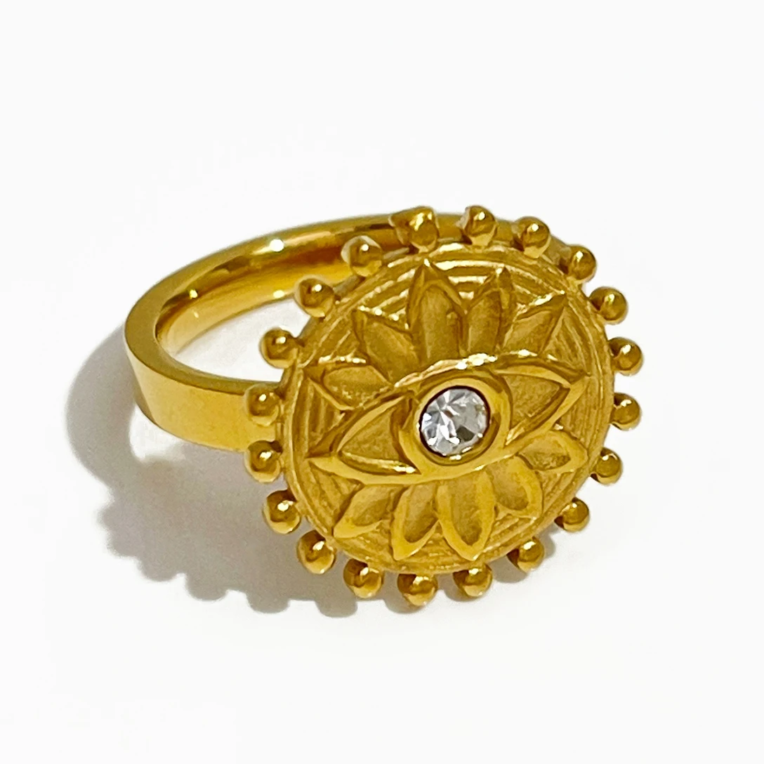 Peri'sBox French Gold Color Rhinestone Eye Lotus Coin Ring for Women Stainless Steel Beaded Flower Signet Rings Jewelry Bohemian