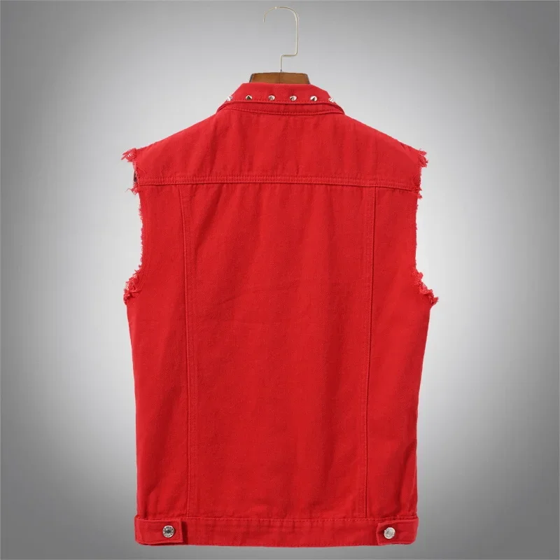 2024 Men's Spring, Summer, Autumn Denim Jacket Youth Slim-Fit Red Rivet Cool Denim Vest