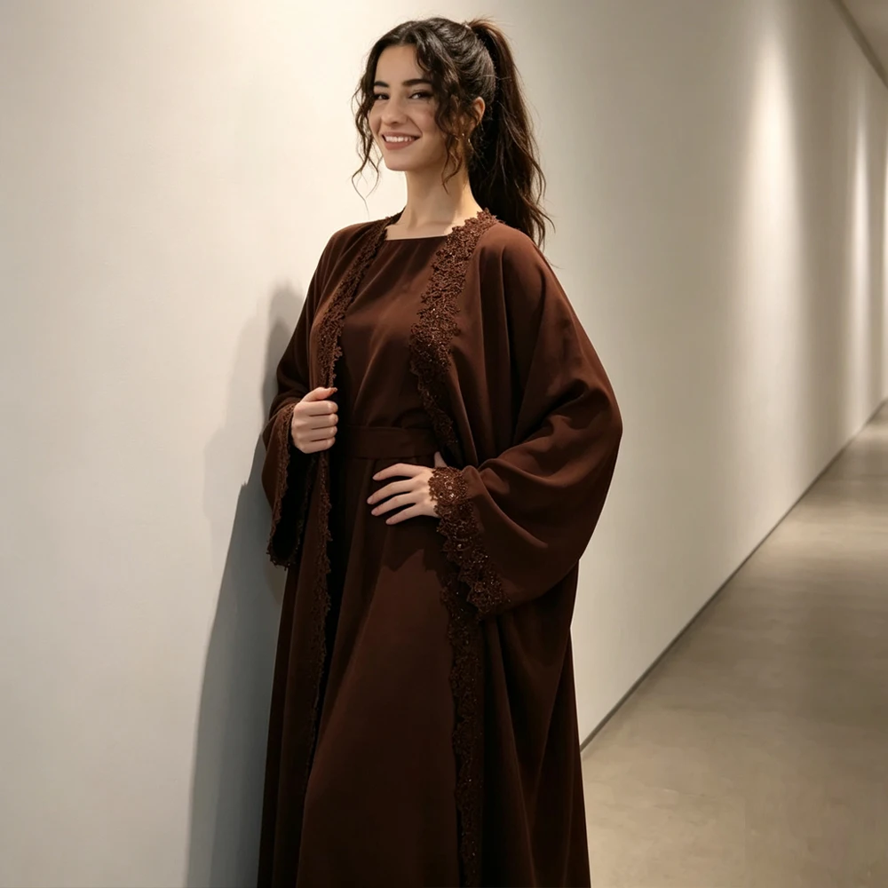 

Ramadan Muslim Women Sets Dubai Open Abaya Inner Dress Hijab Robe Kaftan Turkey Kimono Cardigan Islam Jalabiya Caftan Ensembles