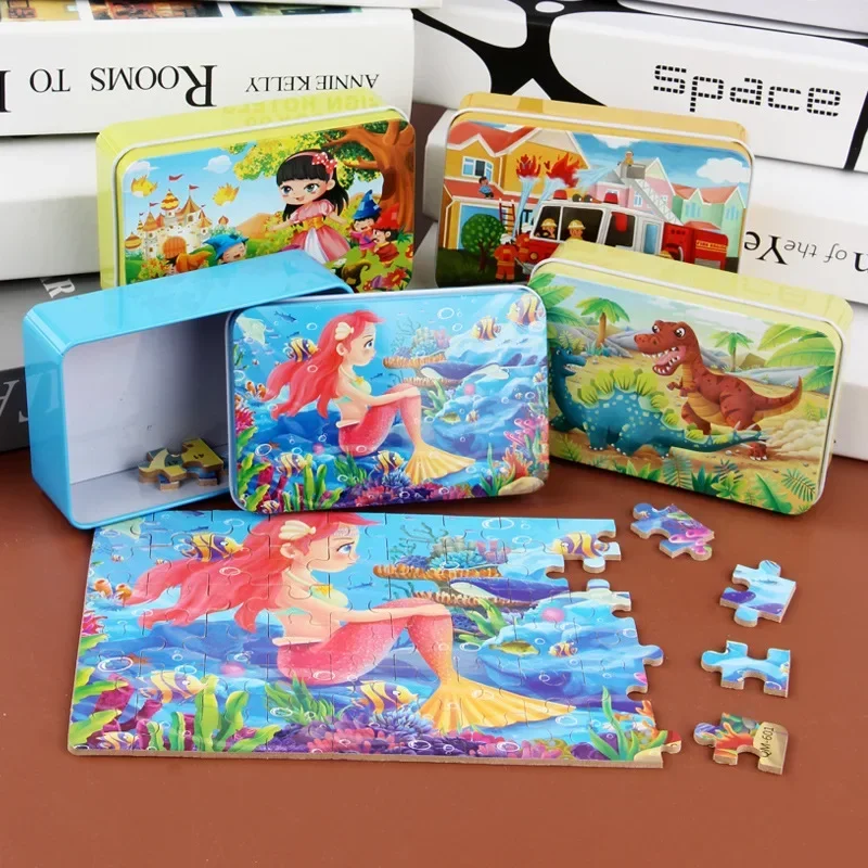 60Pcs Kids Wooden Jigsaw Puzzles Iron Storage Box Cute Cartoon Mermaid Castle Boys Girls Early Learning Educational Toy