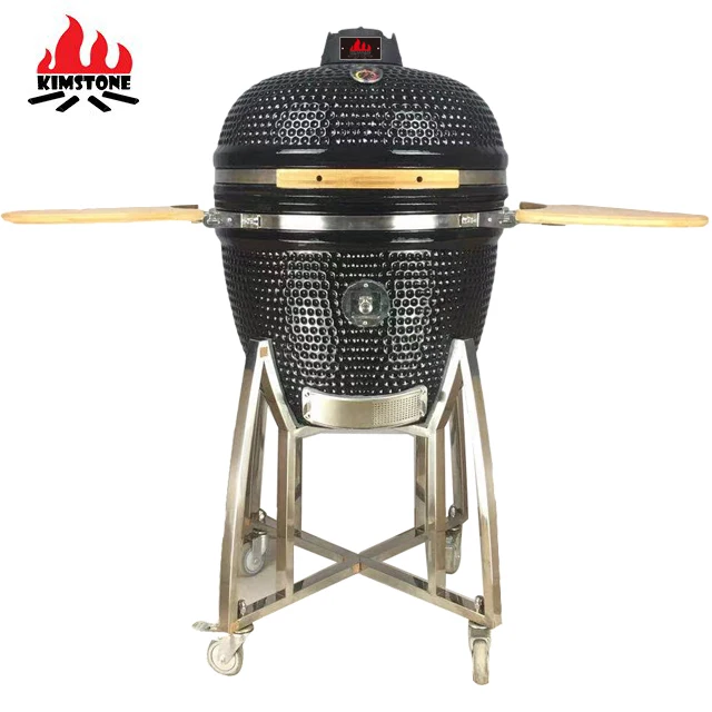 23.5 Inch Premium Ceramic Kamado Charcoal Grill Smoker with Folding Side Table Porcelain Enamel Finish & Trolley for Outdoor Use