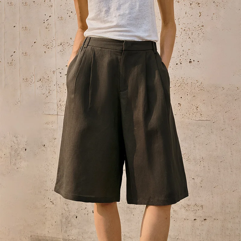 Women's Lyocell Linen Mid-Length Pants Classic Basic High-Waisted Summer Office Ladies Suit Pant Loose Casual Straight Pants