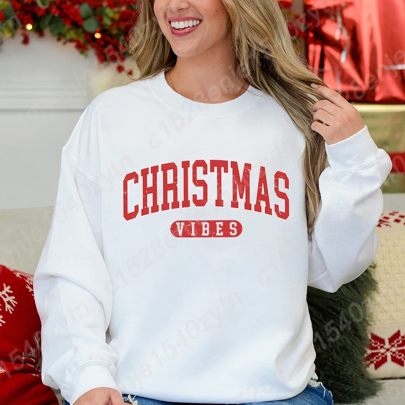 Women Fashion Hoodless Sweatshirt Christmas Vibes Print Round Neck Pullovers Ladies Casual Pure Color Pullovers Long Sleeve Tops