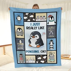 1pc Soft and Warm Cartoon Penguin Print Flannel Blanketfor Couch, Sofa, Office, Bed, Camping, and Traveling