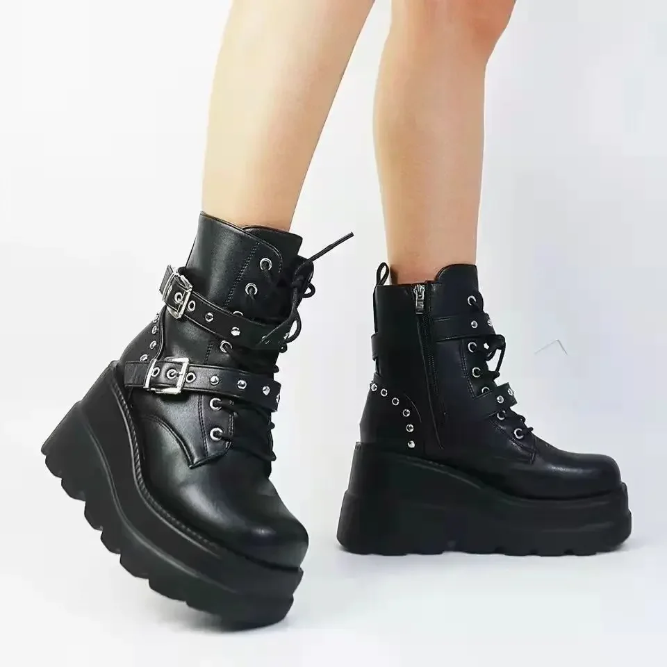 Neue frauen Pu Leder Stiefeletten Frauen Herbst Winter Runde Kappe Lace Up Schuhe Frau Motorrad Plattform Botas Gothic Schuhe – Detail 11