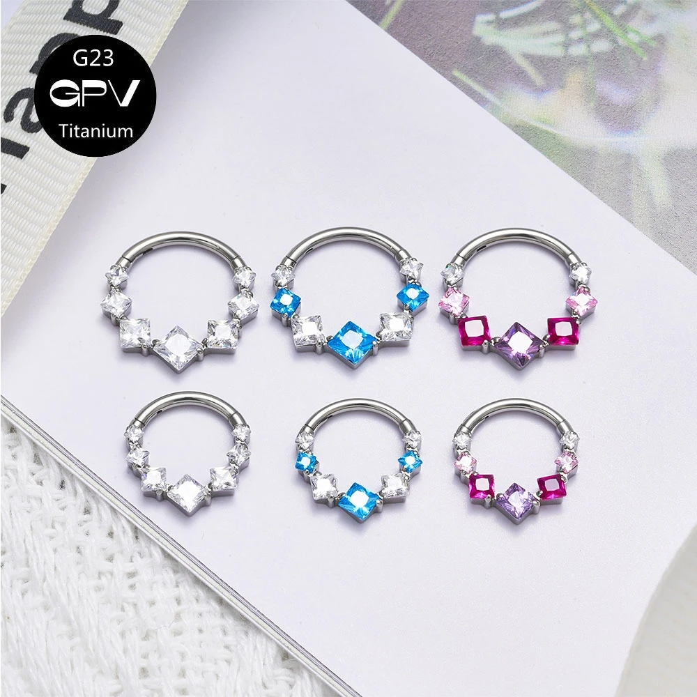 G23 F136 Titanium Nasal Diaphragm Ring Square Luxury Zircon Punk Men\'s and Women\'s Perforated Jewelry Nose Ring Earrings