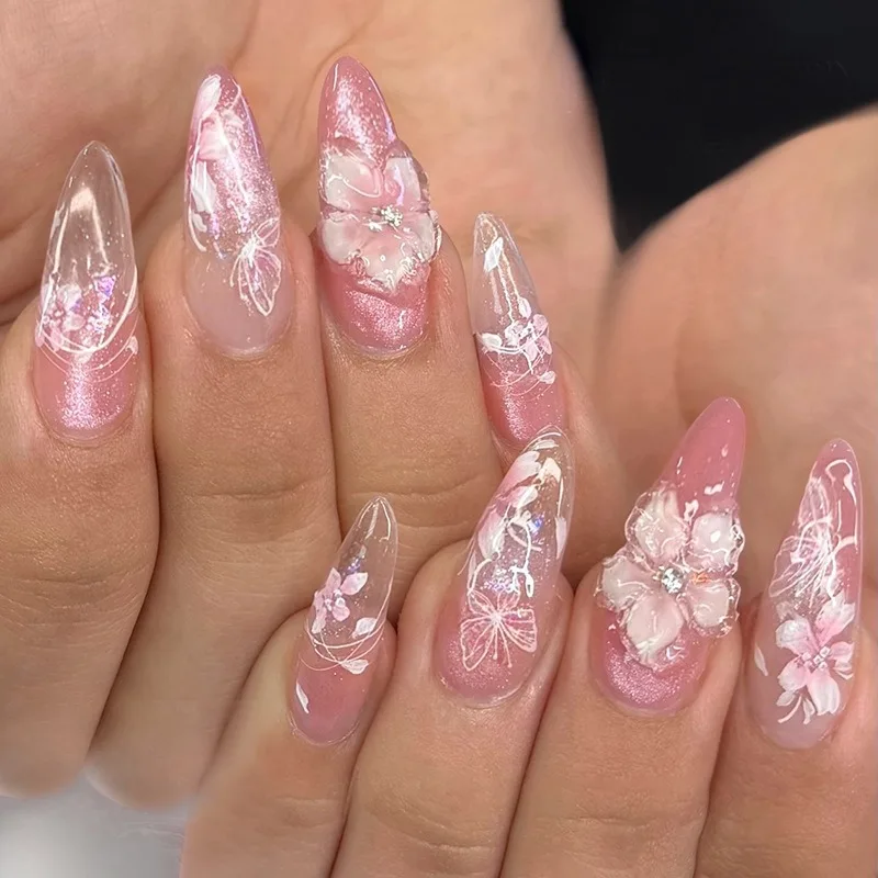 

24PCS Pink Cat Eye French Stick on Nails with Glue Glossy 3D Flowers Aurora Almond Fake Nails for Women with Diamonds Ins Nails