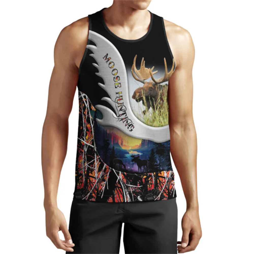 MSIEESO Brand Men Vest 3D Graphics Moose Hunting  Printed Male Tank Tops Fashion Sleeveless Hip Hop Streetwear Crew Neck Tops