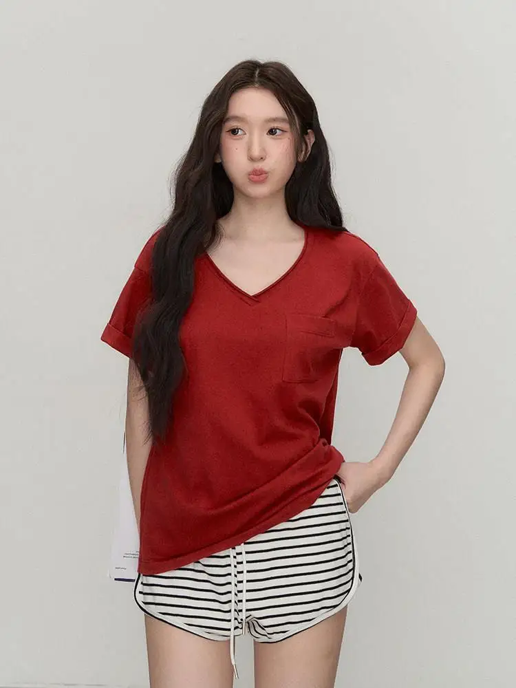 

Loose ort Sve V-Ne T-irt Women's Summer Lazy Match All Colors OIOI E Commute Asymmetrical mid Waist PVC Batwing