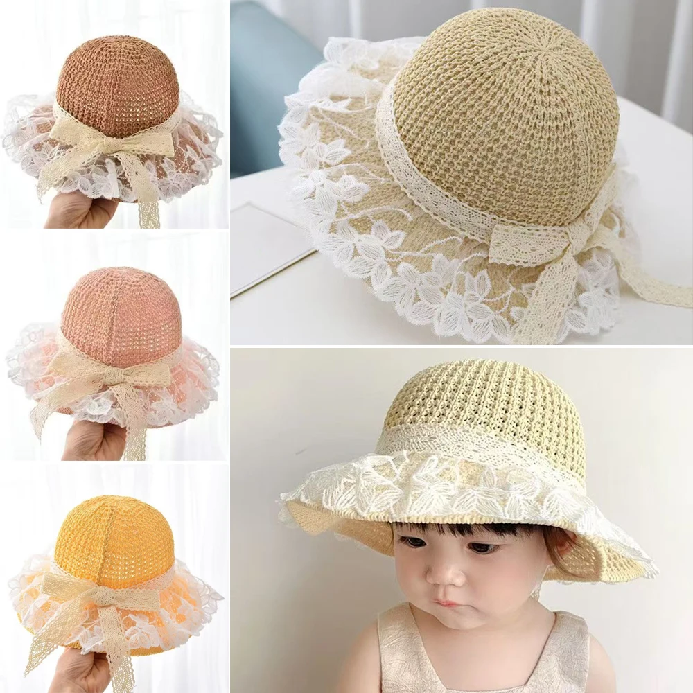 

Модная кружевная соломенная шляпа с защитой от ультрафиолета, широкополая шляпа от солнца на шнуровке, складная шляпа от солнца для детей 1–3 лет, летние уличные шляпы от солнца