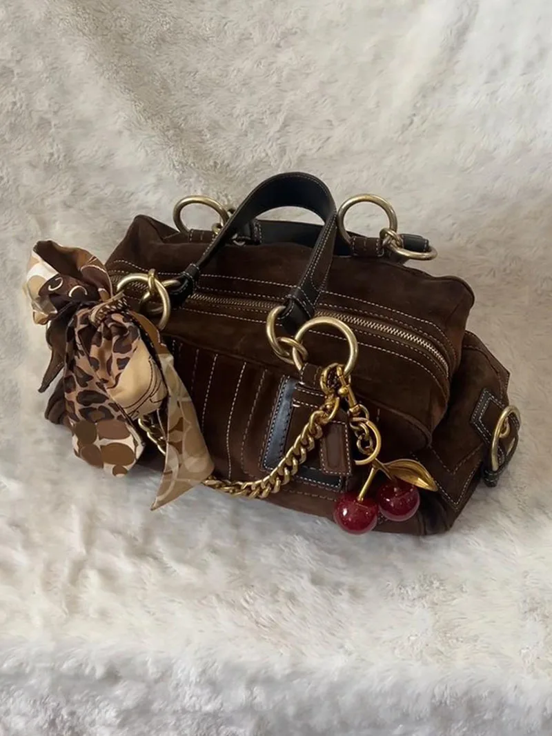 Suede Crossbody Shoulder Bag Women Vintage Boston Bowling Tote Bag Retro Pleated Versatile Commuter Zipper Square Handbag