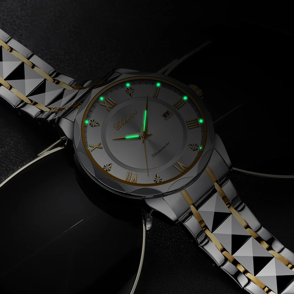 Мужские часы, роскошные кварцевые наручные часы с календарем Night Glow, 42 мм, циферблат из нержавеющей стали, модные деловые часы CHENXI, мужские часы