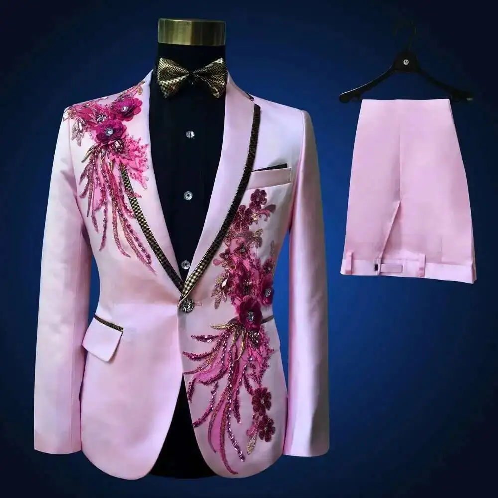 

Pink Tuxedo Jacket +pant Beads Suit Mens Stage Wearmens Tuxedos Wedding Plus Size 4XL Pink Royal Blue White Black Red Groom Suit
