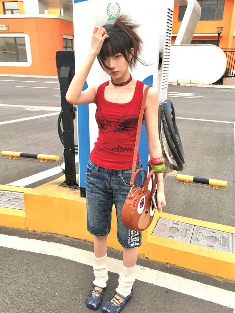 Genayooa Gothic Vintage Tank Tops Vrouwen Mouwloze Print Grafische Tops Streetwear Y2k Japanse Jaren 2000 Vest Grunge Tops E-meisjes