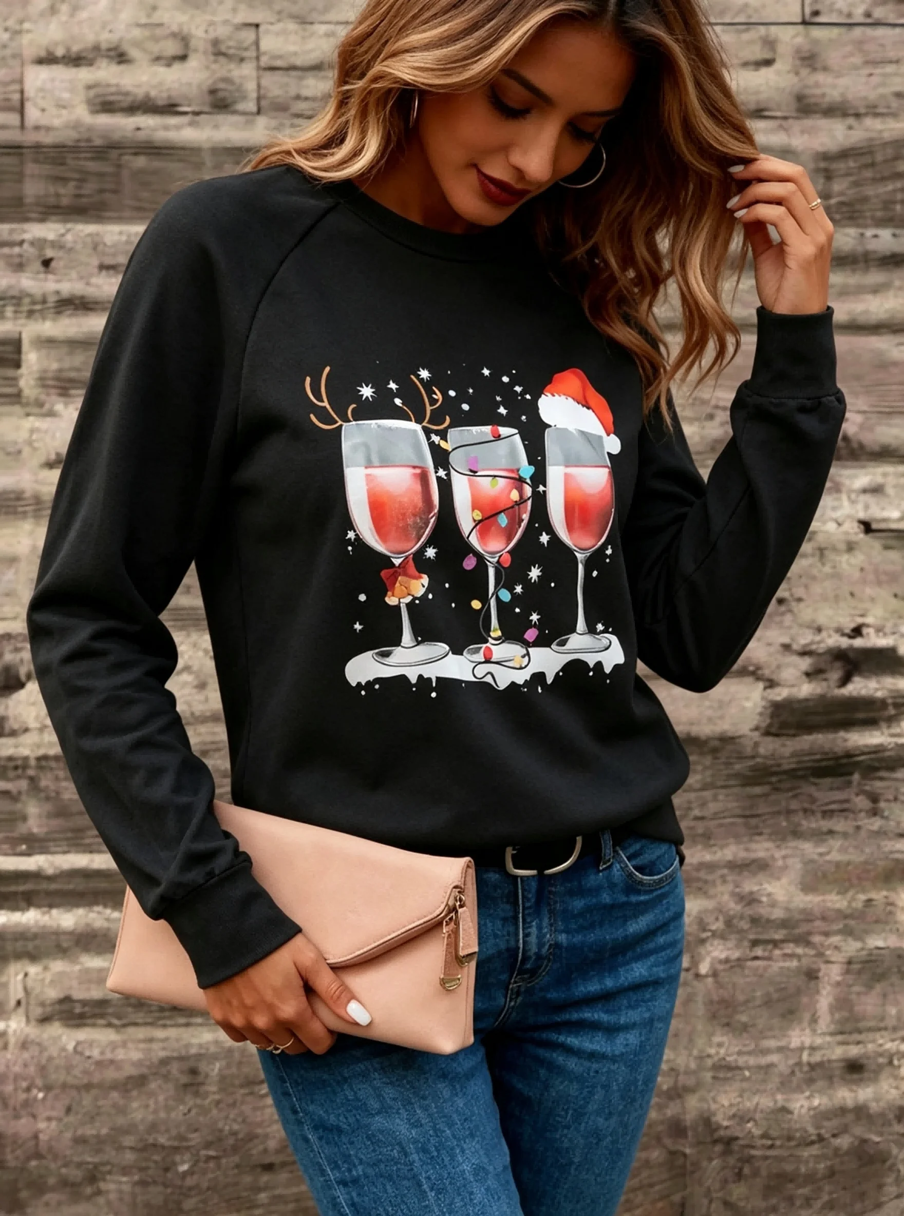 Women's T-Shirt Wine Glass Santa Print Top For Christmas Party Autumn Winter Long Sleeve Pullover Knit Women Sweatshirt S-XXL