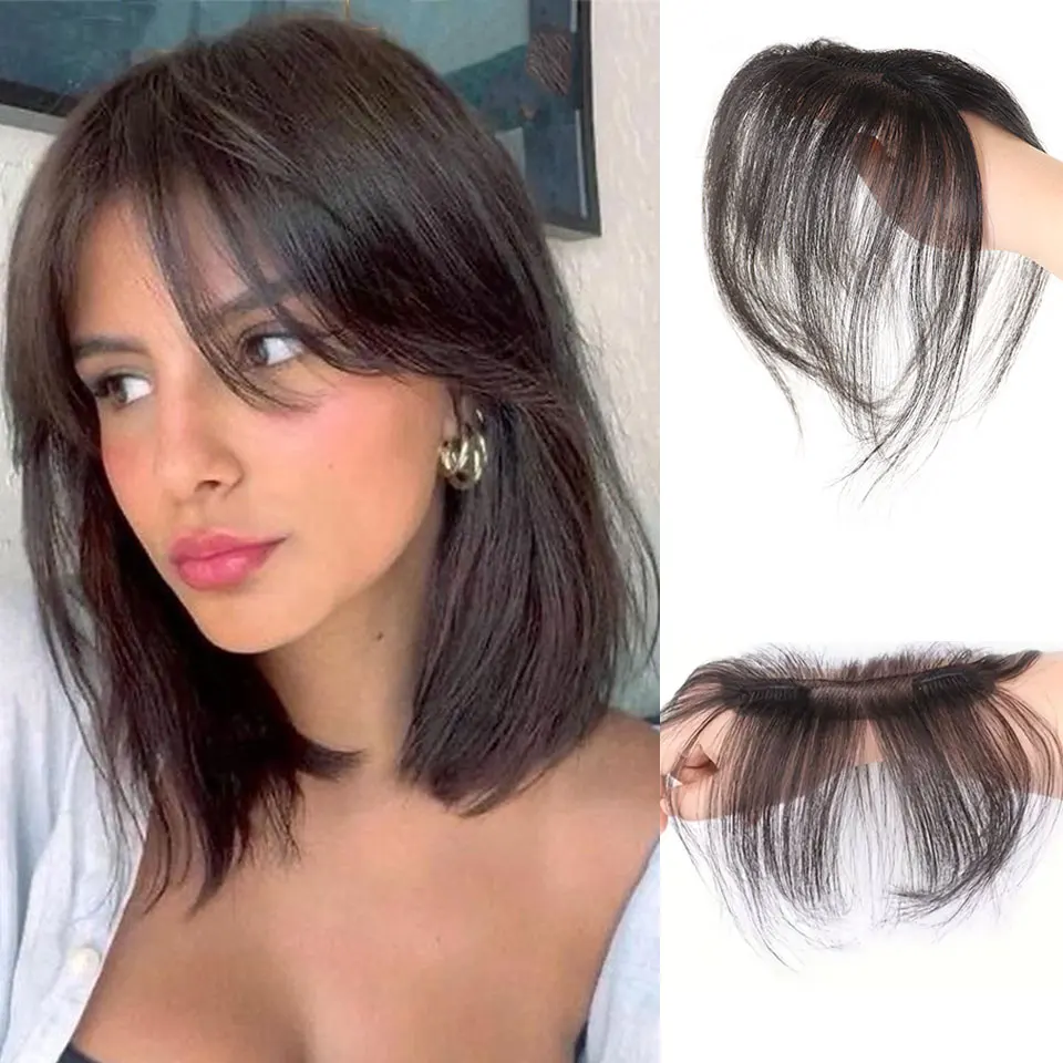 

Human Hair Clip-In Bangs With Sideburns Natural Black Hair Extensions For Women Invisible Air Curtain Wispy Bangs Daily Use