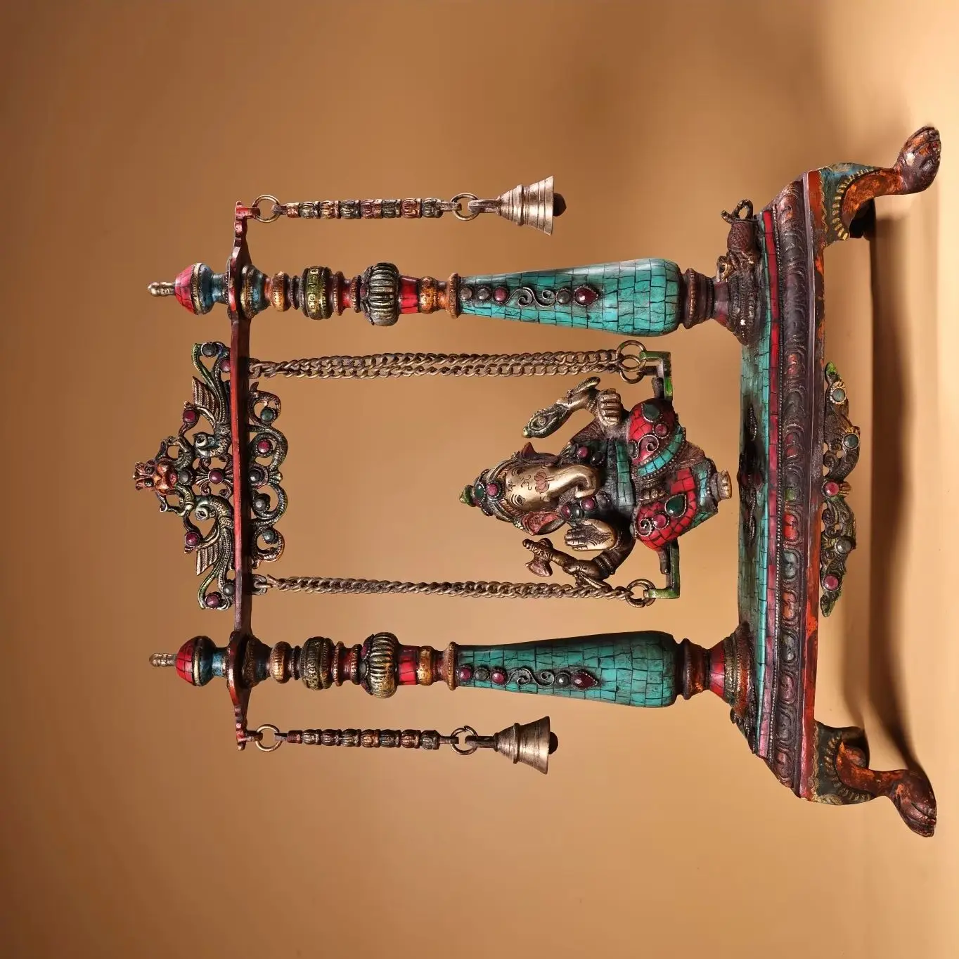 

17"Tibetan Temple Collection Old Bronze Painted Outline in gold Mosaic Gem Turquoise Ganesha Buddha Swing seat Worship Hall