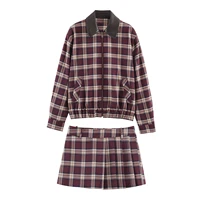 Nueva ropa de invierno para mujer, chaqueta con solapa a cuadros con efecto de cuero europeo y americano, conjunto de pantalones de falda ancha plisada a cuadros