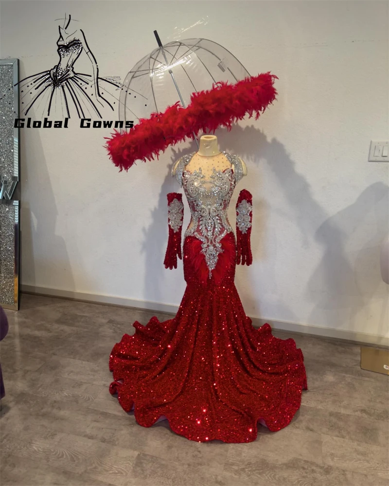 Red O Neck Long Prom Dresses For Black Girls Beaded Crystal Birthday Dress Gowns Sequined Feathers Homecoming Gloves Robe De