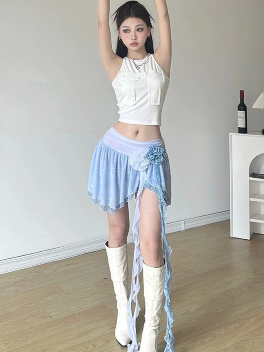 Ballet Style Floral Lace Half Skirt Color Block Netting Slimming Asymmetrical Hem Korean Style Commute Polyester A-Line Short...