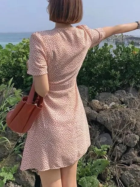 동대문 V넥 플로럴 프린트 버블 소매 드레스 출퇴근룩 반팔 여성 원피스 중국풍 여름 2025