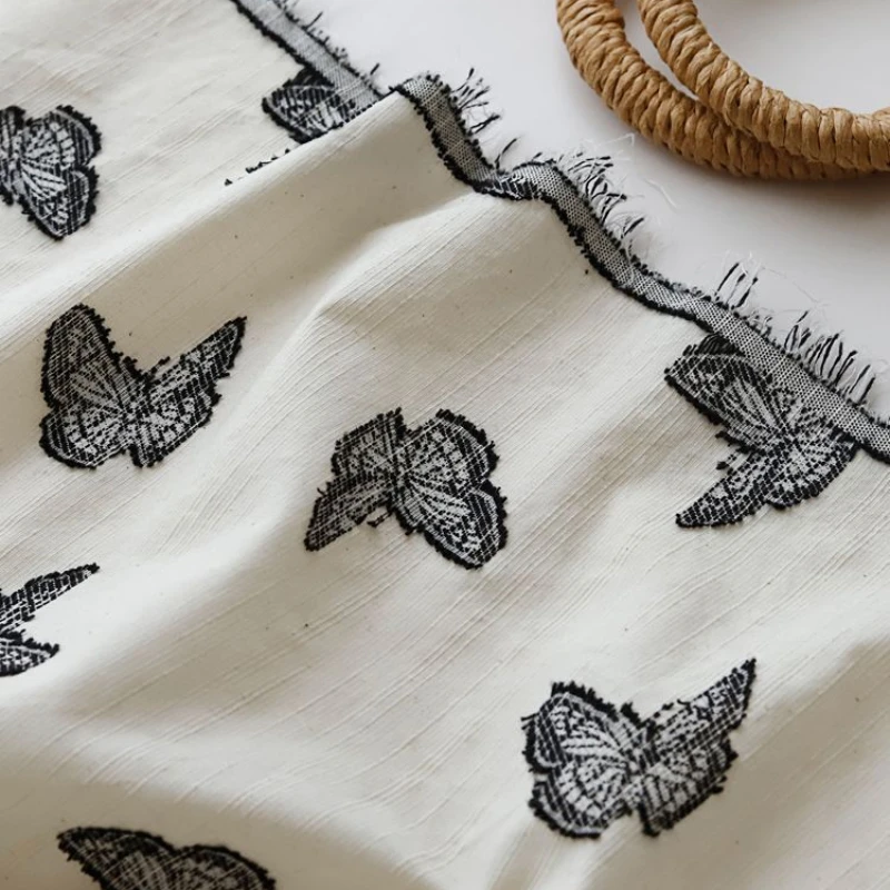 

Breathable Hanging Off Off White Butterfly Jacquard Cotton Linen Women's Shirt Top Dress Fabric DIY Decorative Fabric