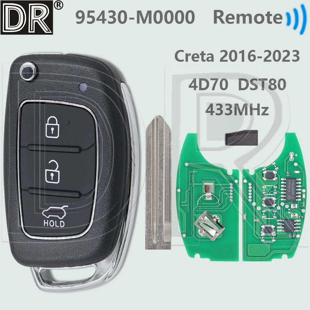 DR 95430-M0000 4D70 DST80 Chip 433MHz HY15 Blade Flip Car Remote Key For Hyundai Creta 2016 2017 2018 2019 2020 2021 2022 2023