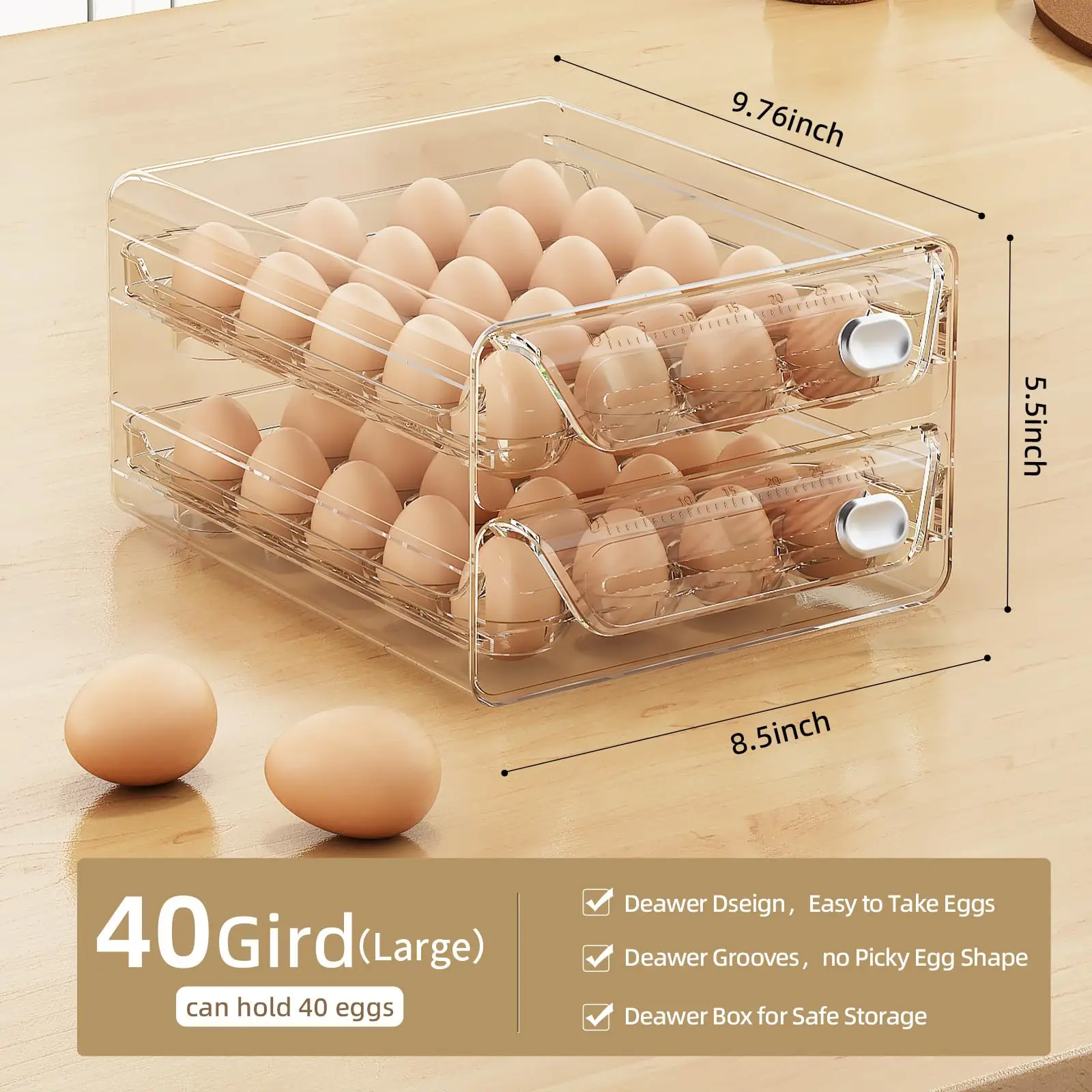 Egg Holder for Refrigerator Drawer Organizer with Time Scale, Clear Egg Fresh Storage Box for Friage, Large Capacity Egg Tray