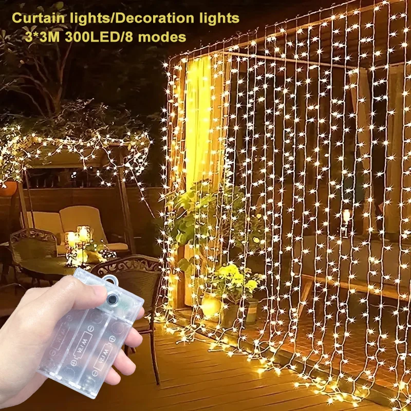 3Mx3M LED Curtain Lights 8 Modes AA Battery Powered Christmas String Lights Wedding Valentine's Day Halloween Garden Decoration