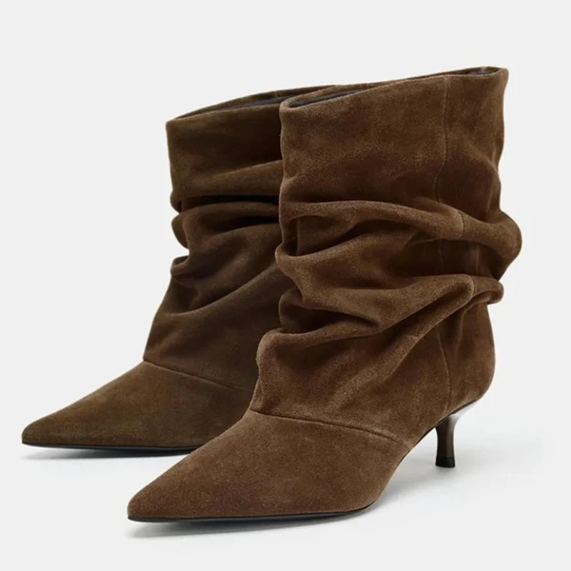 

Fall Novel Pleated Design Brand Ankle Boot Women Retro Pointed Toe Sewing Kitten Heel Designer Boot High-Quality Faux Suede Boot