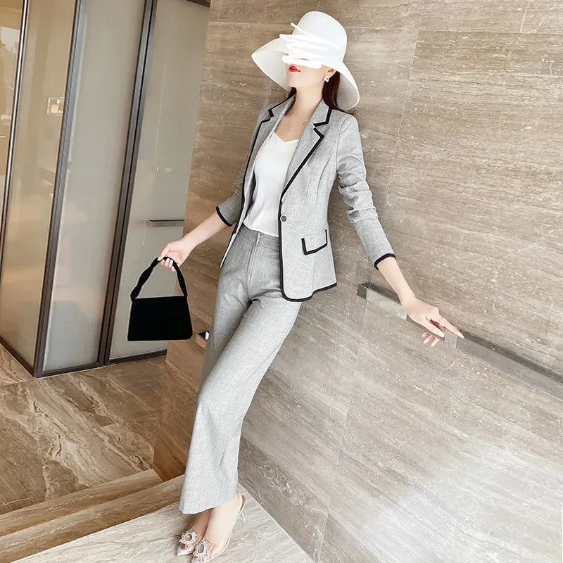 Fashion Suit Women\'s 2023 Autumn New Slimming Suit jacket+ Pants Sets Spring Grey Suit Female Splicing Jacket Two-Piece Set Lady