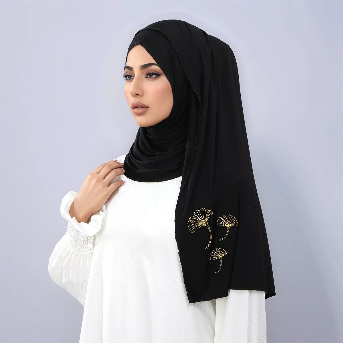 뉴저지 모달 스카프 히잡 여성용 금색 스프링클링 무지 부드러운 롱 숄 이슬람 헤드랩 라마단 기도 터번