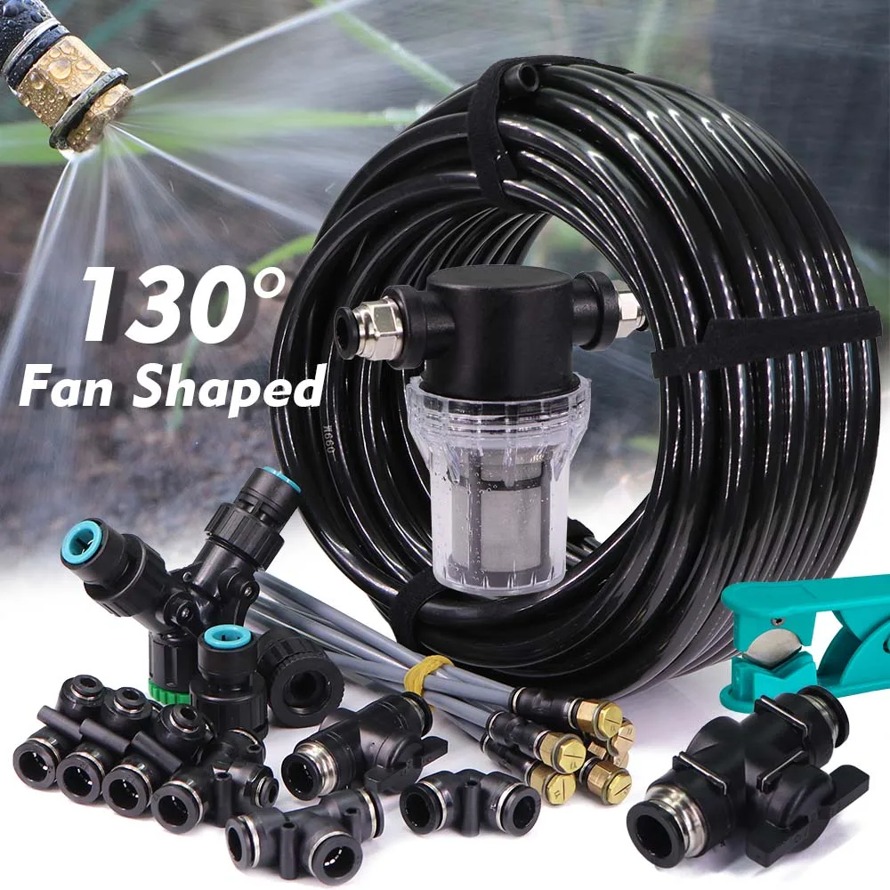 

3/8" 9/12mm Misting Cooling System 130° Fan Shaped Nozzles Atomizer Sprayer 80 Mesh Filter Timer Kits Garden Irrigation Watering