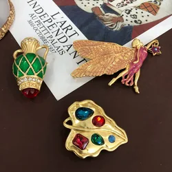 Light Luxury Enamel Glaze Colorful Rhinestone Leaf Fairy Small Pot Brooch
