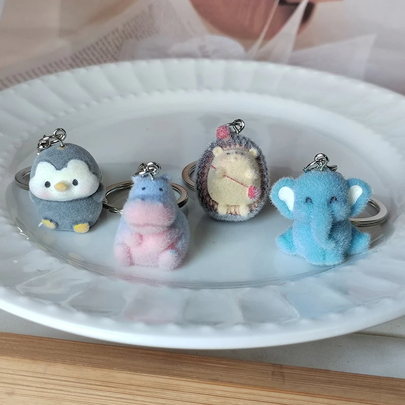 3D Flocking Elephant Hedgehog Hippo Penguin Keychain Phone Lanyard Cute Cartoon Animal Keyring Bag Pendant Couple Key Holder