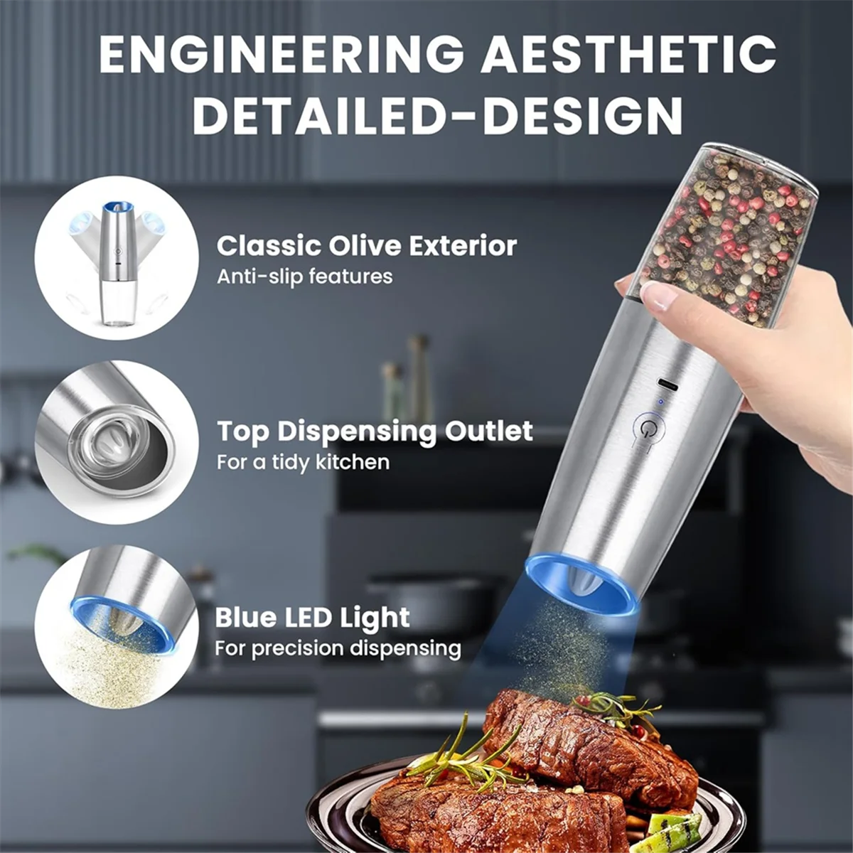 A71P Rechargeable Electric Salt and Pepper Grinder, Adjustable Electric Salt and Pepper Grinder Black