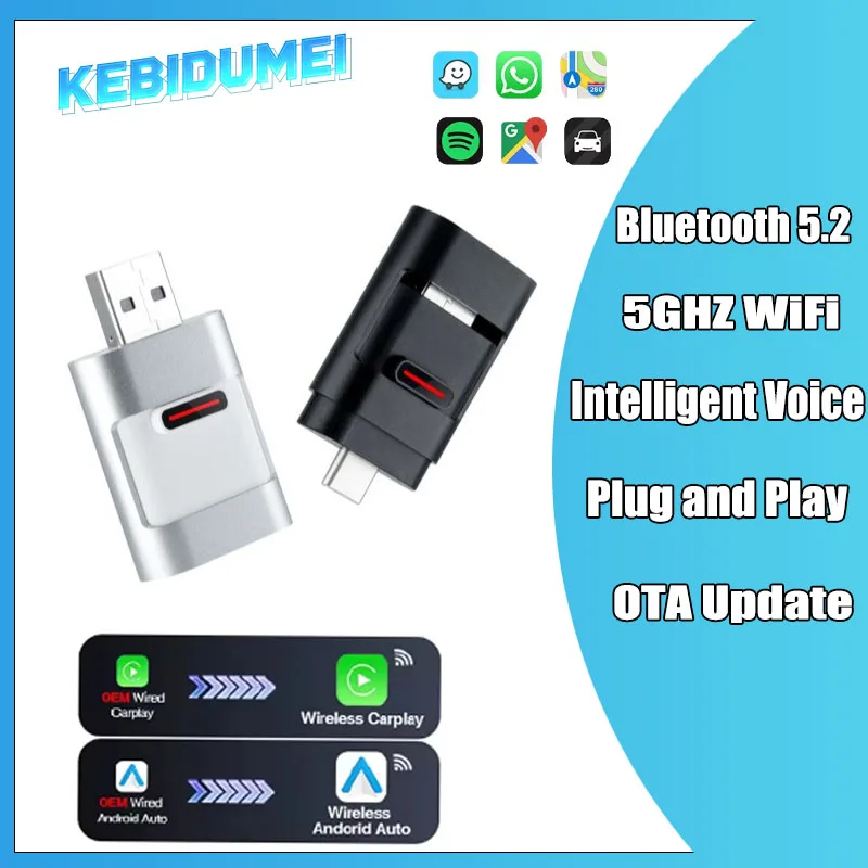 2 في 1 لاسلكي CarPlay Android Auto Adapter Plug & Play تحويل سلكي إلى دونجل لاسلكي للسيارات السلكية CarPlay السلكية