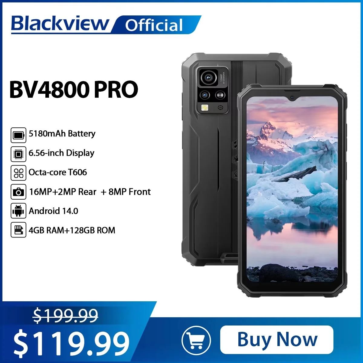 Blackview BV4800 PRO robuuste smartphone 6,56 '' IPS-scherm, 4 GB RAM + 128 GB ROM, 13 MP camera 5180 mAh batterij, Android 14 NFC-telefoon