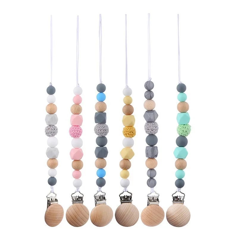 Baby Pacifier Clips Wood Silicone Crochet Soothe Teethers Toy Dummy Nipple Holder Anti-drop Clip Chain Newborn Accessories