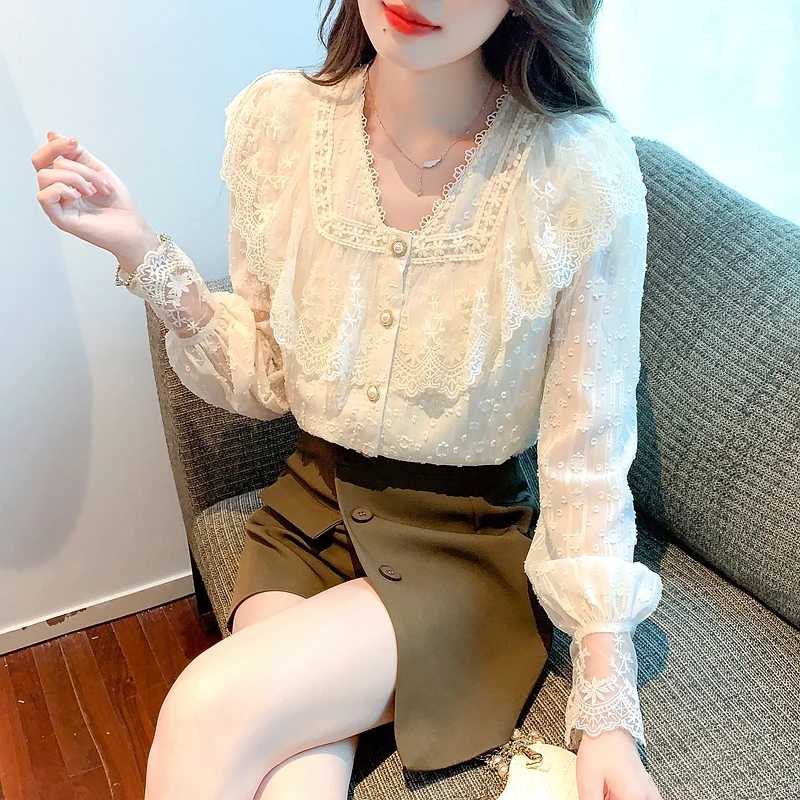 Autumn Blouse Women Long Sleeve Ruffles V-Neck Lace Blouse Shirt Women Tops Blusas Mujer De Moda 2024 Blouses Shirts Blusa G230