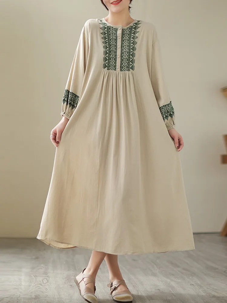 100% Cotton Long Dresses Women New Arrival 2023 Spring Vintage Style Geometric Embroidery Loose Female Casual Dress B2386