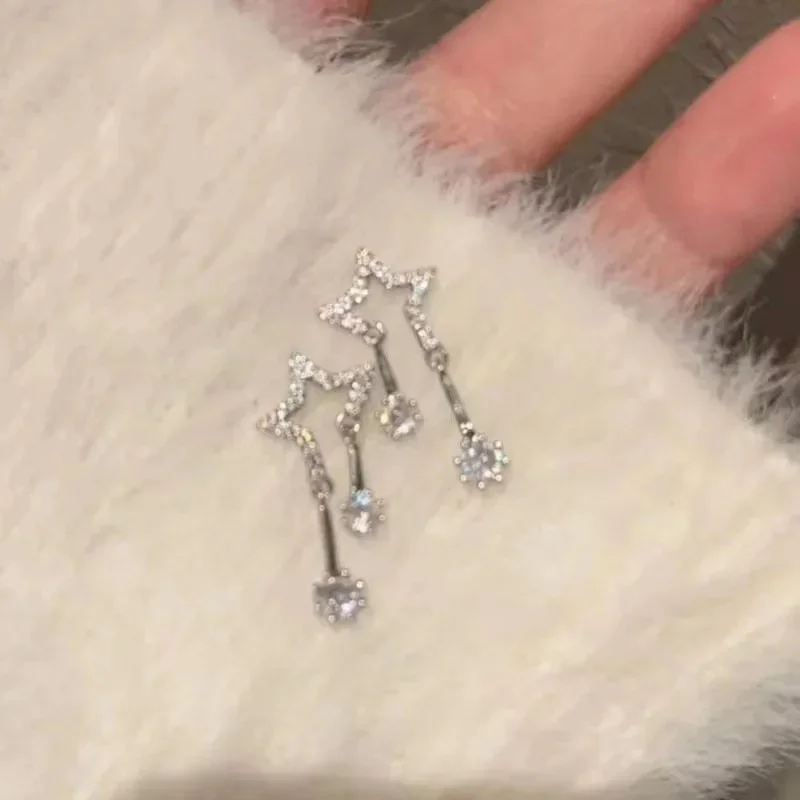 Anting Bintang Zirkon Berkilau Kepribadian Mode Perak 925 Anting Kancing Rumbai Liontin Kristal Merek Wanita Perhiasan Wanita