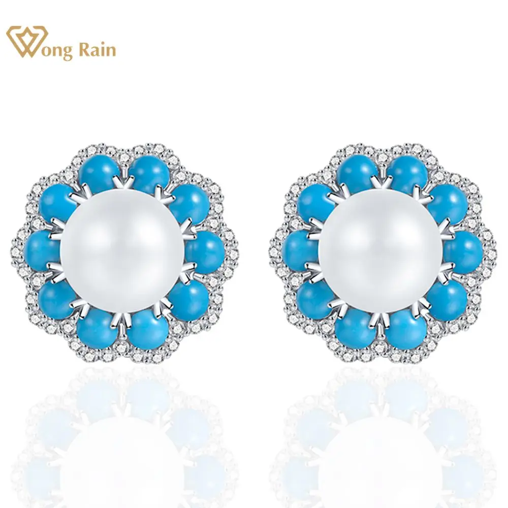 

Wong Rain 925 Sterling Silver 12MM Pearl Blue Turquoise Gemstone Flower Fine Ear Studs Earrings for Women Jewelry Free Shipping