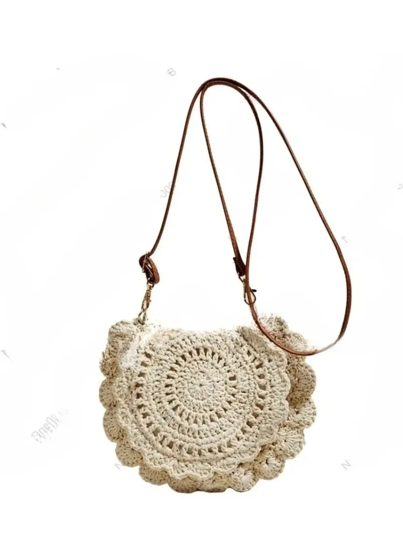 Bohemian Straw Shoulder Bag French Lace Hollow Weave for Women Summer Beach Vacation Messenger Purse