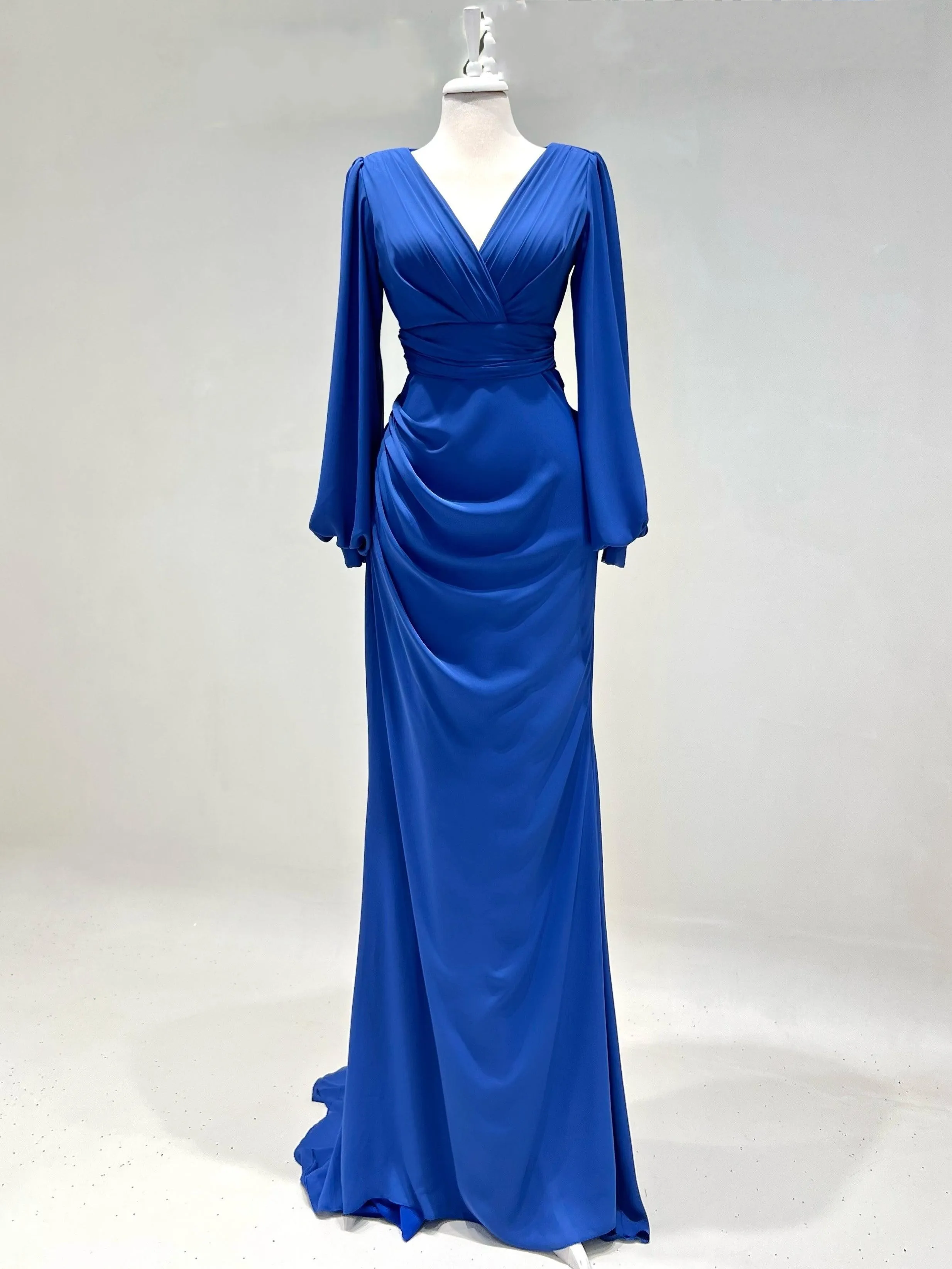 Funyue Women Elegant Mermaid V-Neck Muslim Evening Gown Royal Blue Long Sleeves Hijab Formal Occasion Dresses Prom Dress 2025