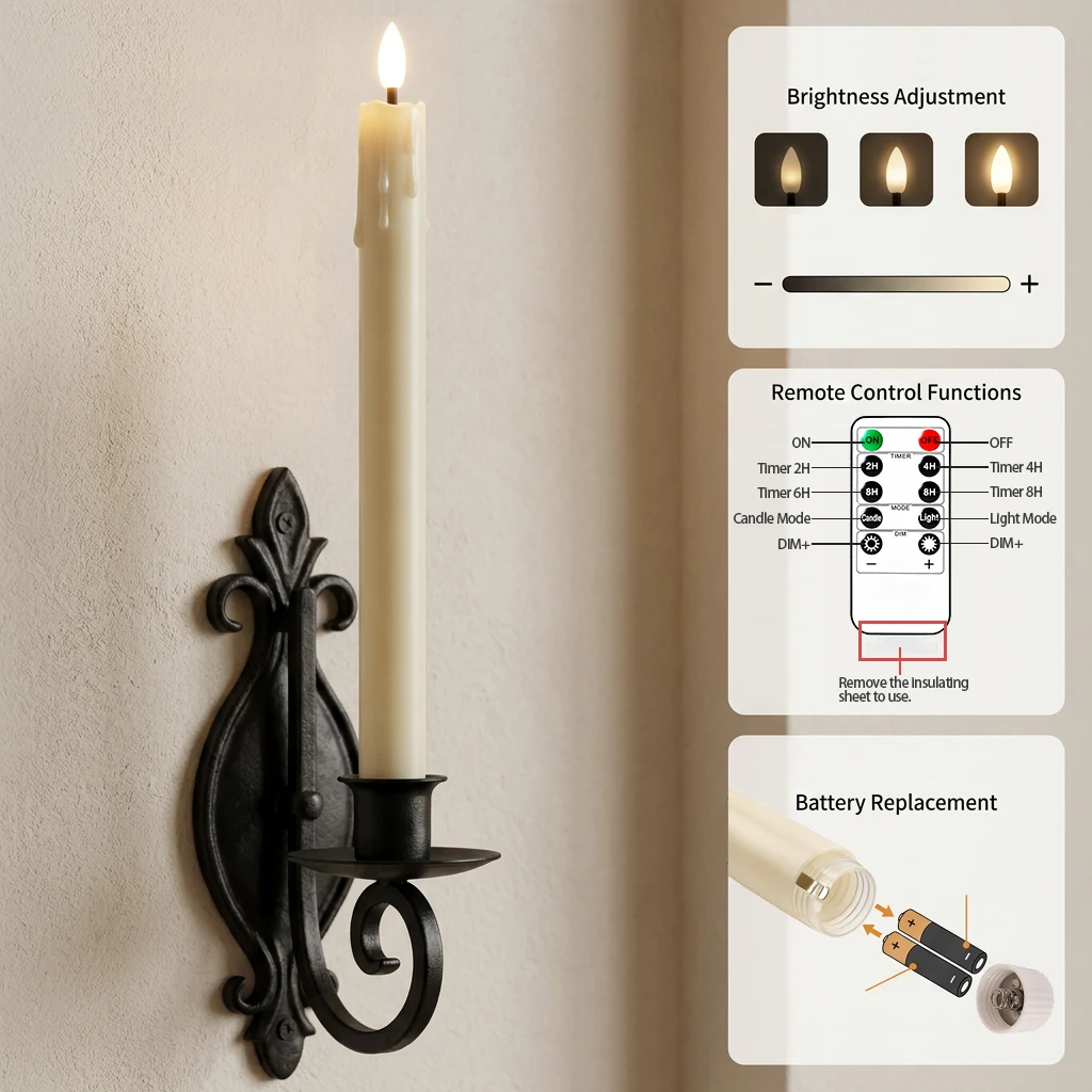 Flameless Ivory Taper Candles Flickering with 10-Key Remote, Battery Operated Led Warm 3D Wick Light Window Candles Real Wax Pack of 6, Christmas Home Wedding Decor(0.78 X 10 Inch) view 5