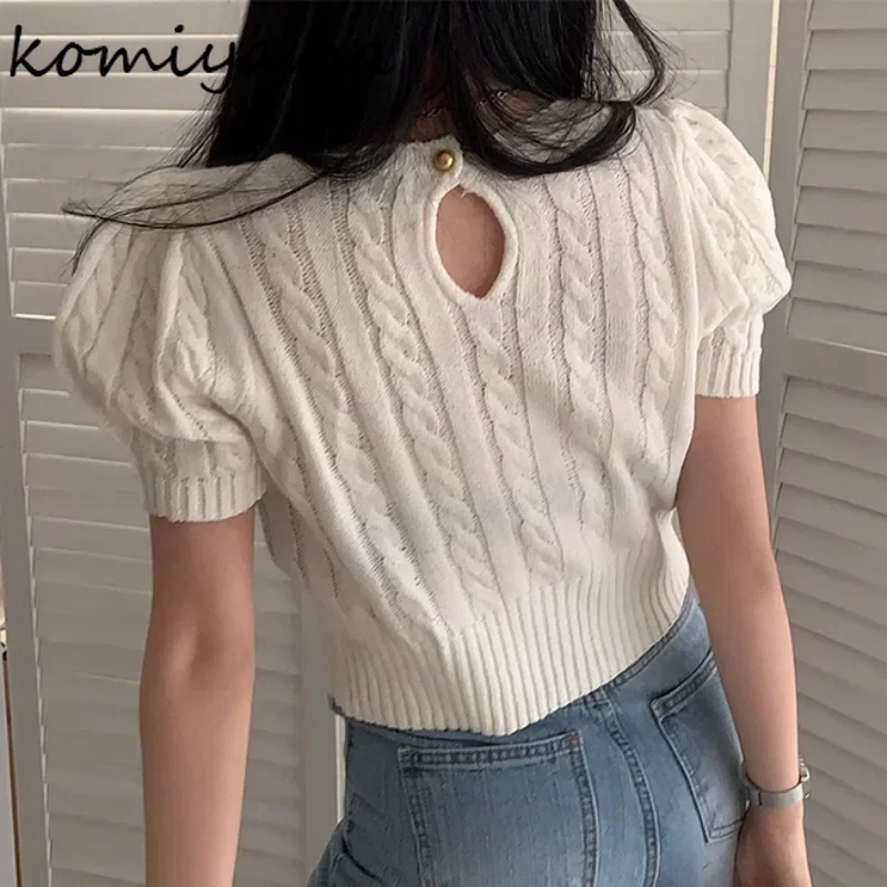 Komiyama Feminino Back Hollow Out Womens Clothing Puff Sleeve Sweater Women Korean Chic Twist Knitwears O-neck Pullover Tops