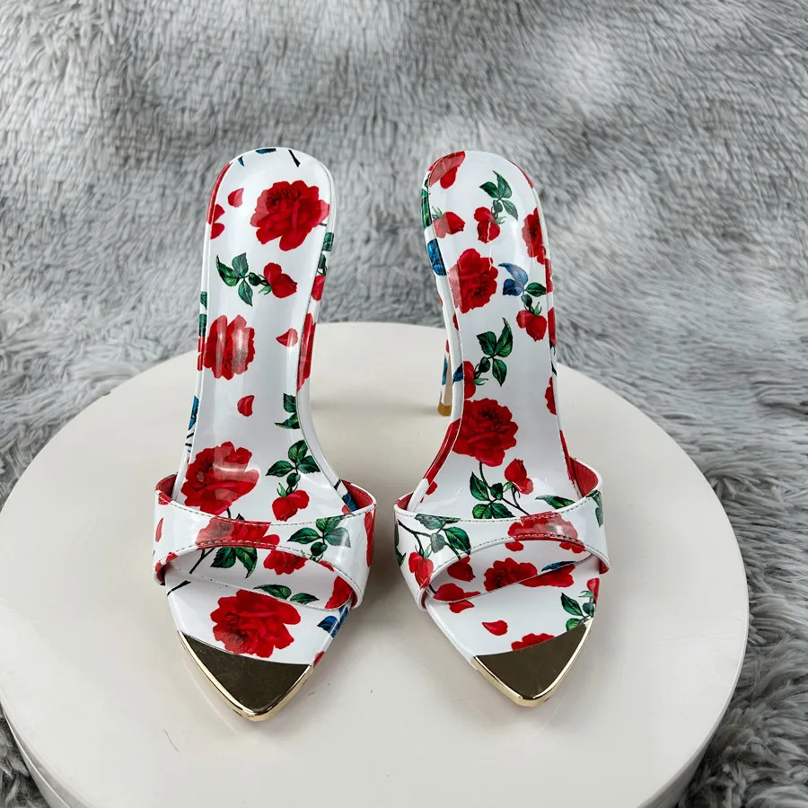 Summer sandalias de mujer 12cm Women\'s Sexy Flower Printed Slipper High Heels Sandal Pointed Toe OL Ladies Vacation Dress Shoes