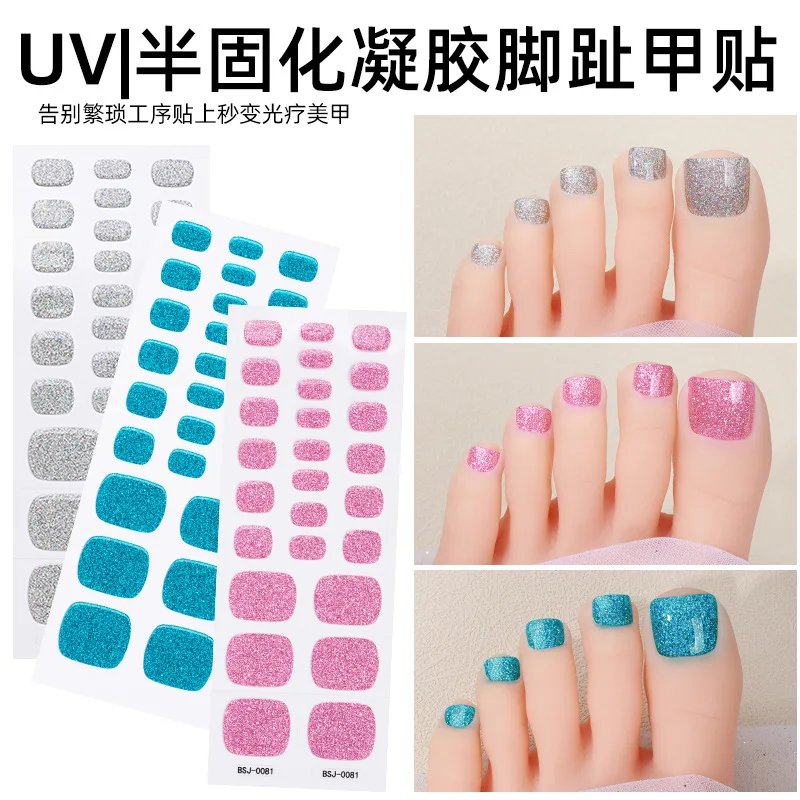 26팁 플래시 파우더 프렌치 화이트 세미 큐어드 UV 젤 네일 스티커 누드 컬러 발톱 착용 가능한 짧은 플랫 쉐입 발가락 스티커